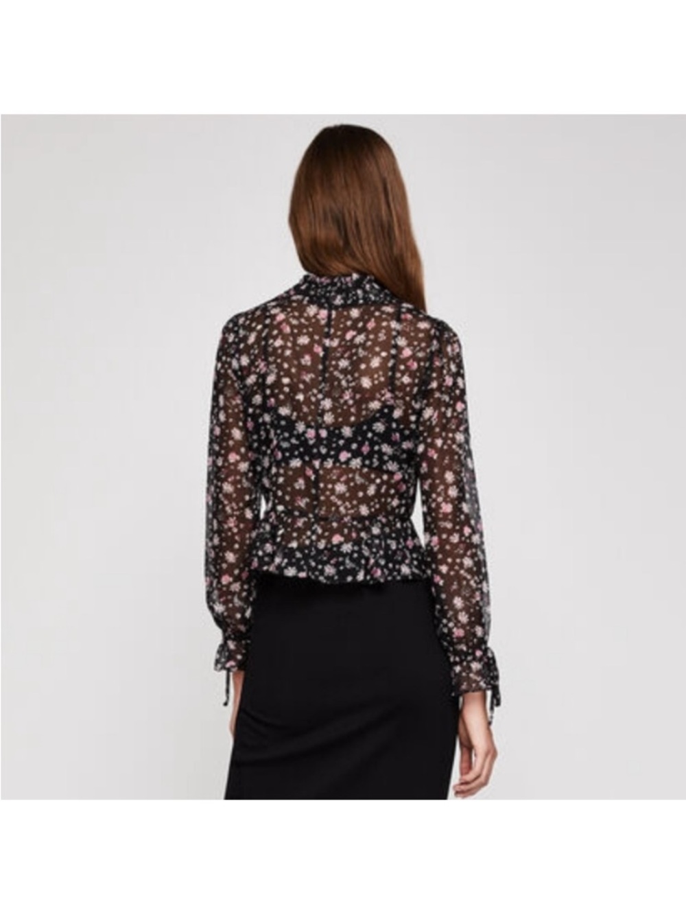 BCBGeneration Black Sheer Floral Ruffle Neck Blouse Sz. M - Picture 2 of 10